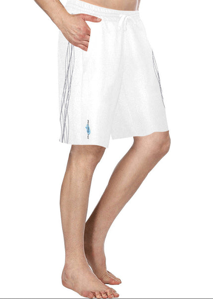 White athletic shorts with stripes on a white background
